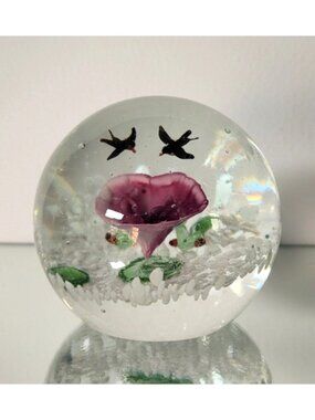 Handblown Glass Paperweight With Purple Flower & Flying Birds Design Decorative